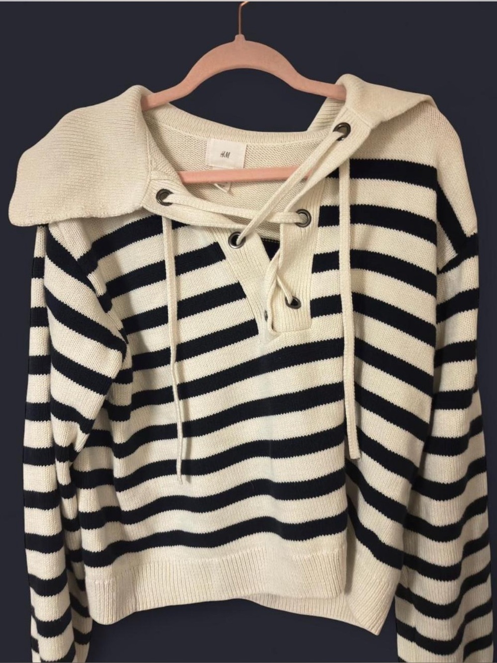 H&M Cream and Black Striped Lace-Up V‑Neck Sweater